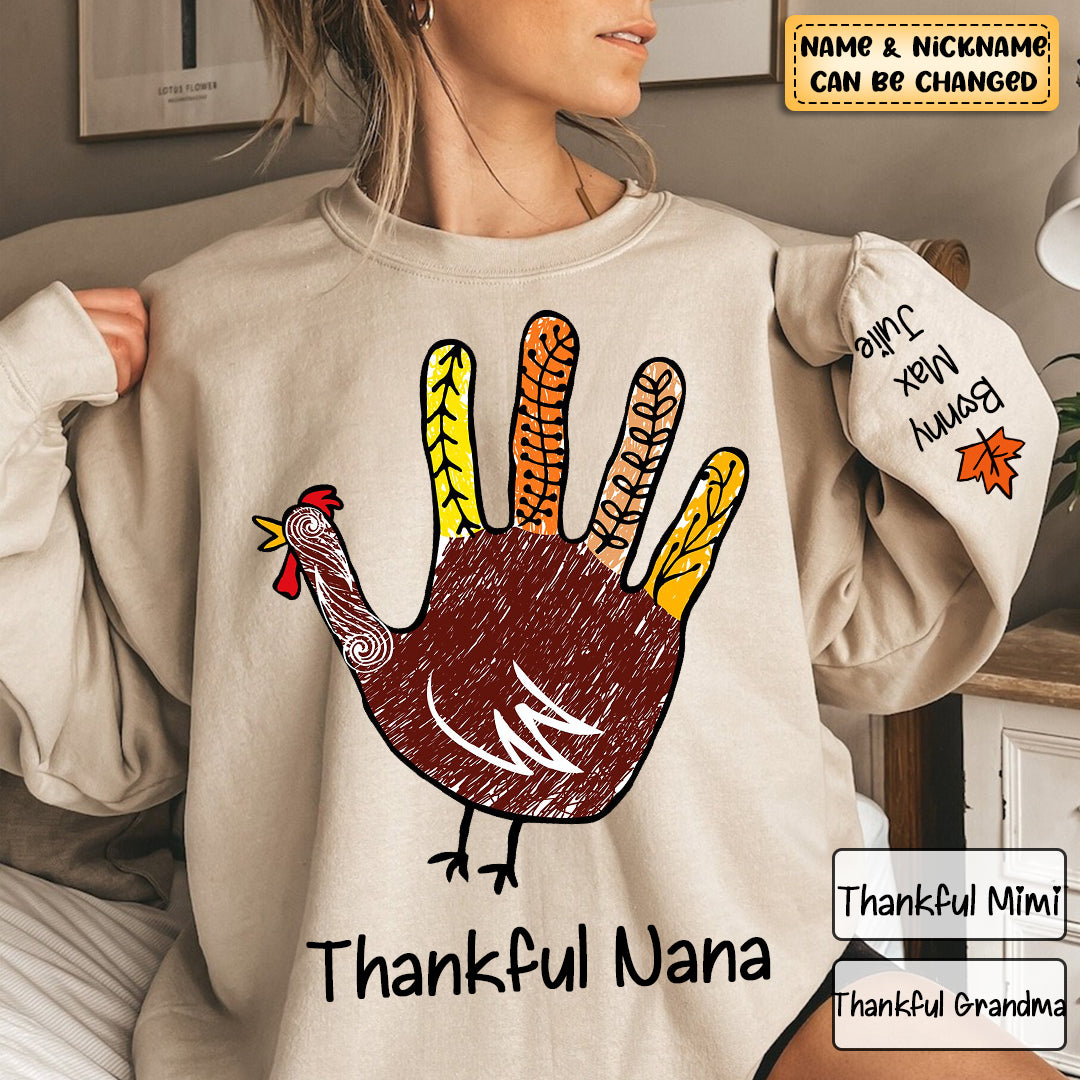 Personalized Turkey Hand Print Thanksgiving thankful Grandma Kid Sweatshirt