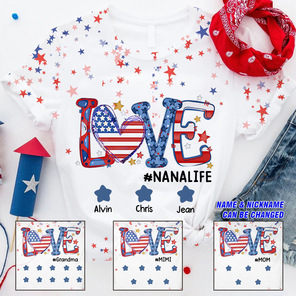 Love Nanalife With Grandkids 4th of July US Flag Personalized T-Shirt