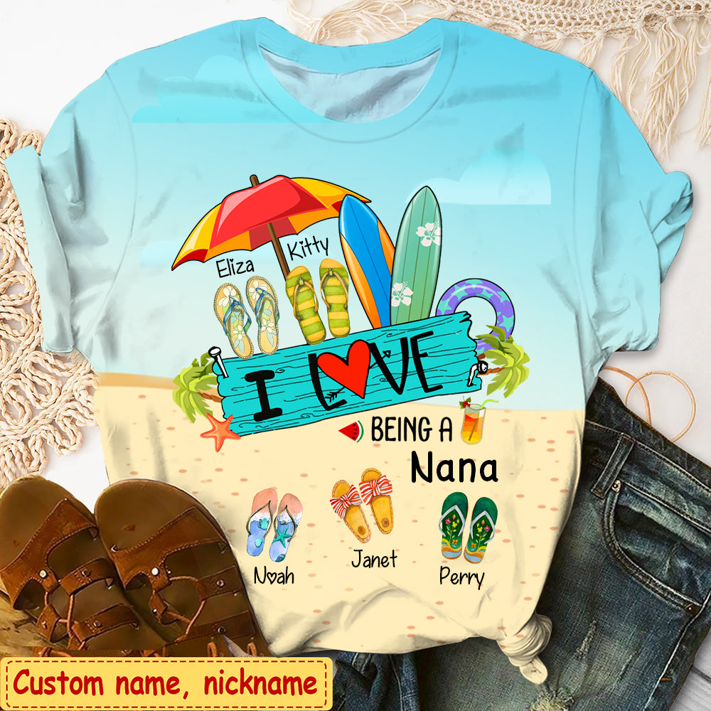Personalized I Love being a Grandma Summer Beach Flip Flops T-Shirt