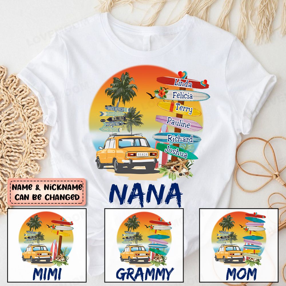 Personalized Summer Vibe Beach Surfboard Grandma Kid T-shirt