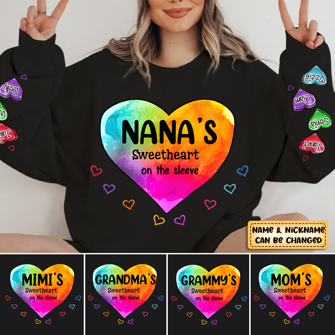 Personalized Colorful Heart Grandma Mom Sweet Heart Kids Sweatshirt