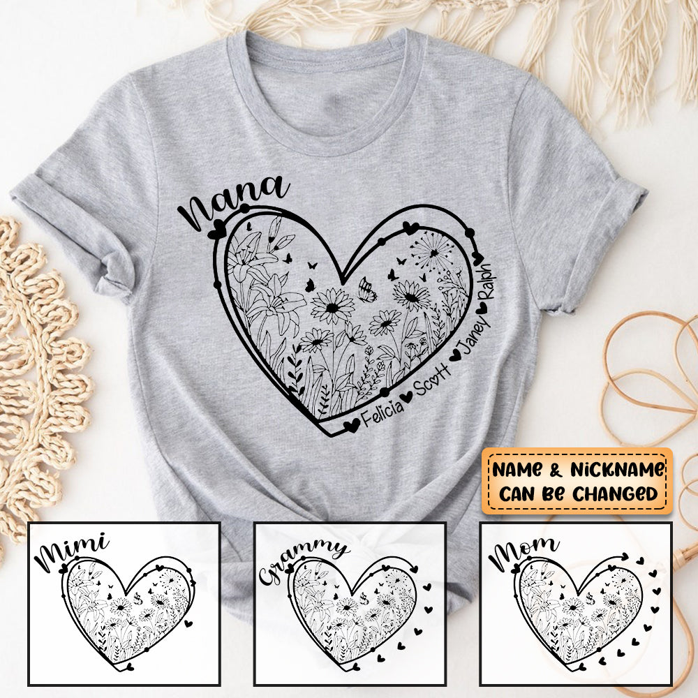 Personalized Grandma Wild flower in heart T-shirt