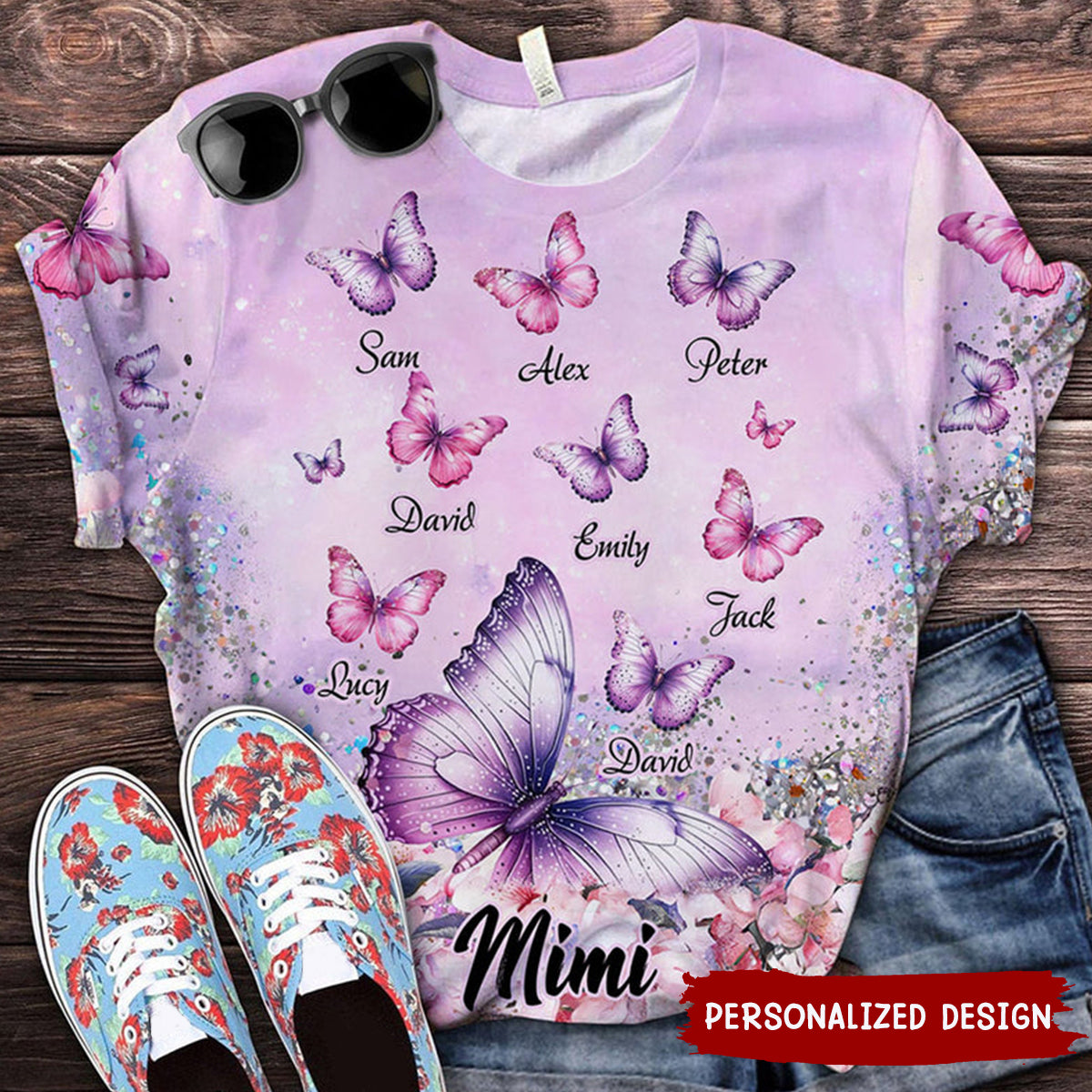Personalized Flowery Butterfly 3D T-shirt Gift For Grandma, Mom, Auntie