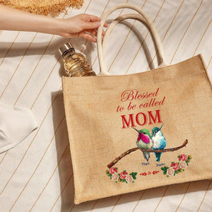 Personalized Blessed Bird Grandma Kids Flower Jute Tote Bag