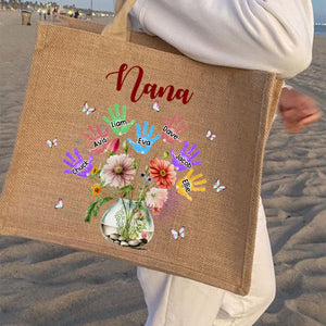 Personalized Grandma Flower Handprint Kids Beach Jute Tote Bag