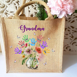 Personalized Grandma Flower Handprint Kids Beach Jute Tote Bag