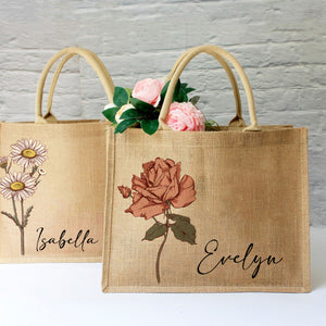 Personalized Birth Flower Beach Jute Tote Bag