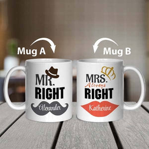 “Mr. Right and Mrs. Always Right” Personalized Couple Mugs