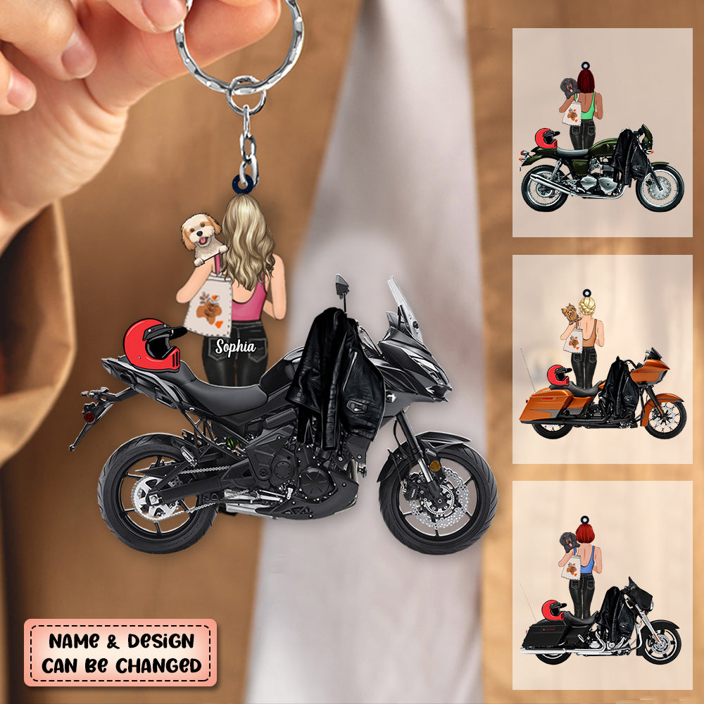 Personalized Dog And Motorcycle Girl Riding Partners Keychain