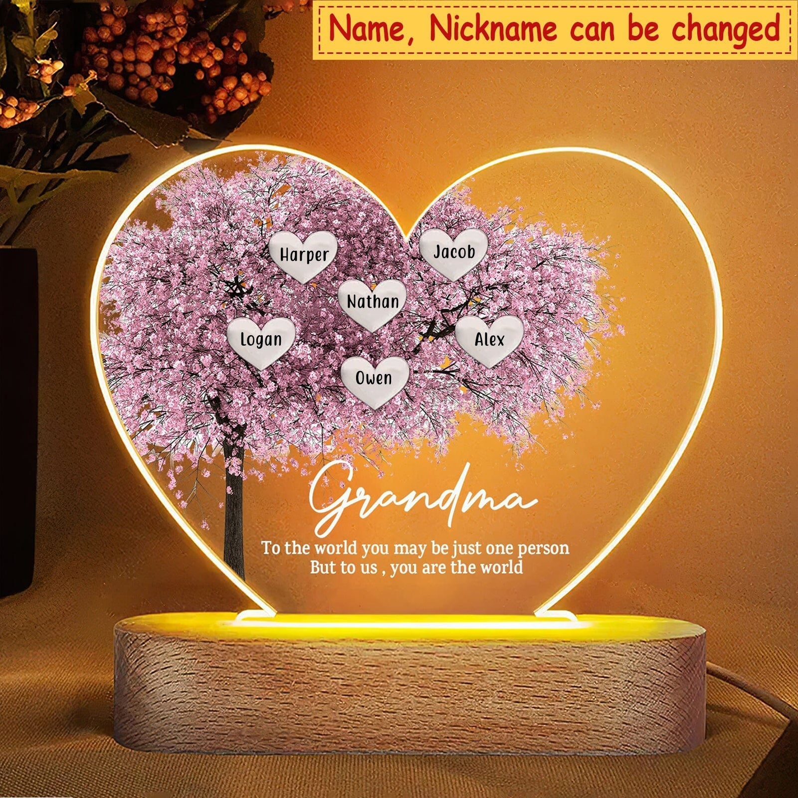 Personalized Family Tree Heart Acrylic Plaque LED Lamp Night Light