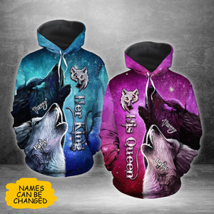 Wolf Couple Her King His Queen Valentine Gift Couple Matching 3D Hoodie