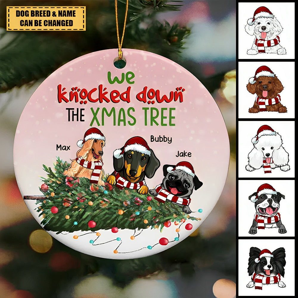 We Knock Down The Xmas Tree Naughty Dog Bauble Personalized Dog Breeds Circle Ceramic Ornament