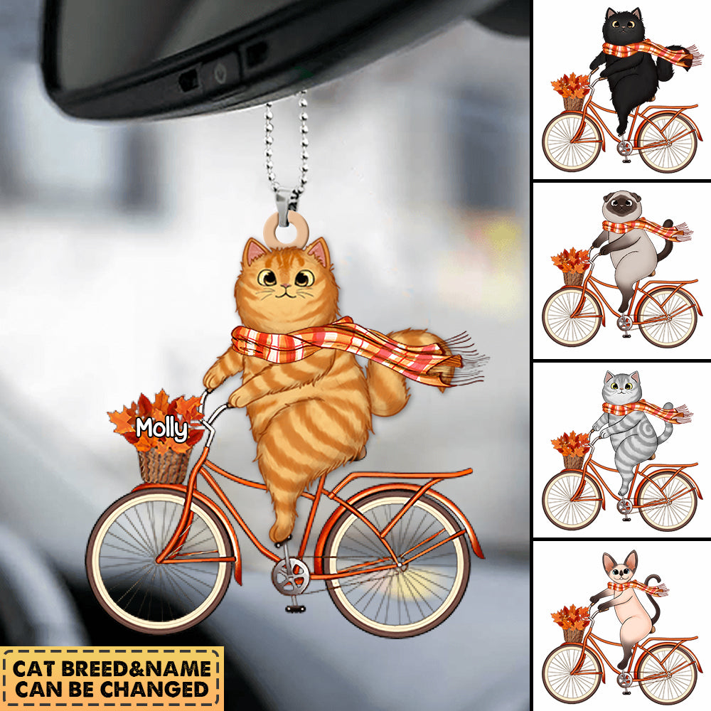 Fall Season Fluffy Cats Riding Bike Personalized Ornament
