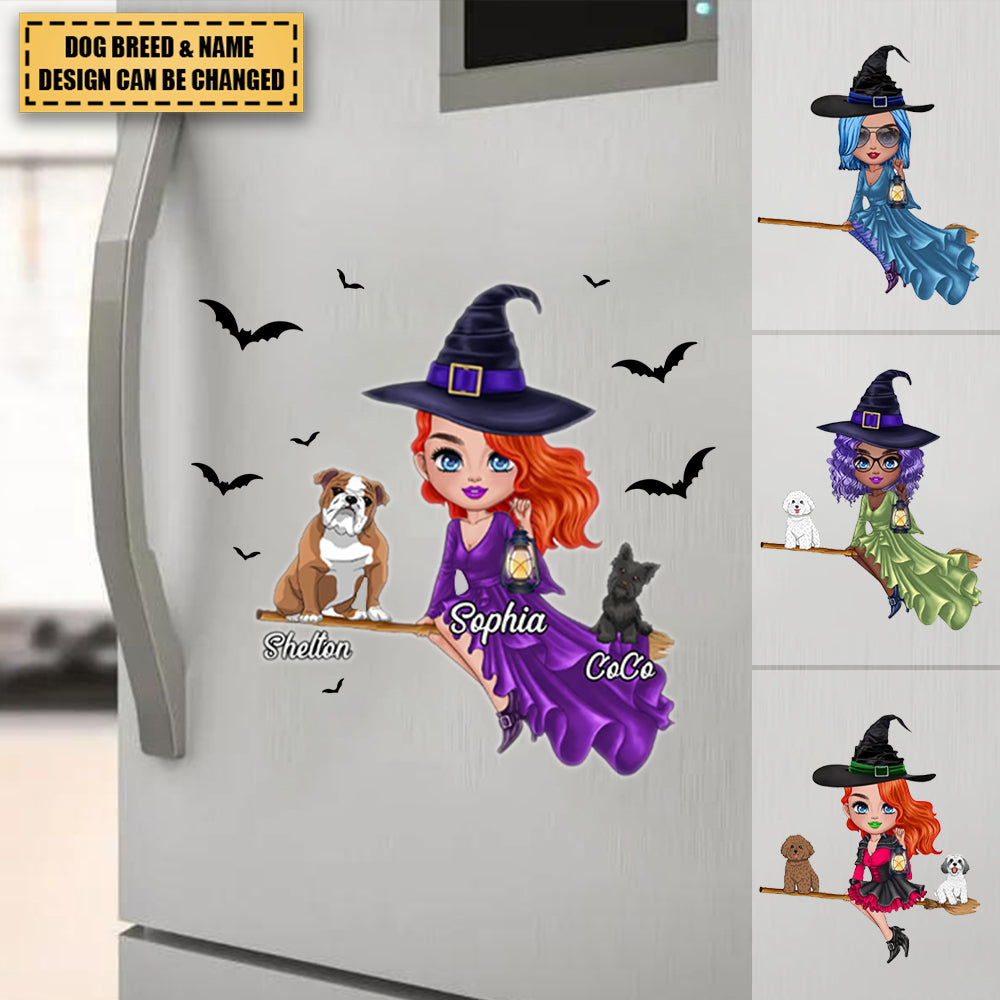 Witch Riding Broom Mystical Girl With CuteDog Puppy Pet Personalized Fridge Decal/Sticker