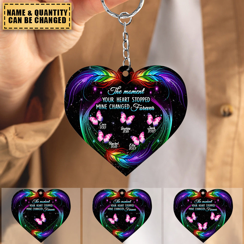 Personalized  The Moment Your Heart Stopped Mine Changed Forever Butterfly Feather Pattern Memorial Shape Acrylic  Keychain