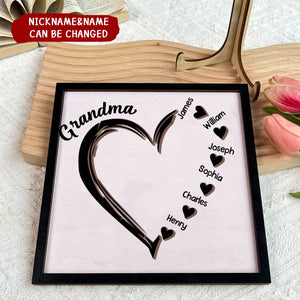 Personalized Grandma and Grandkids Heart - 2 Layers Wooden Plaque