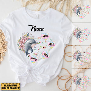 Personalized Nana Grandma Dolphin Hearts with Kid Names T-shirt