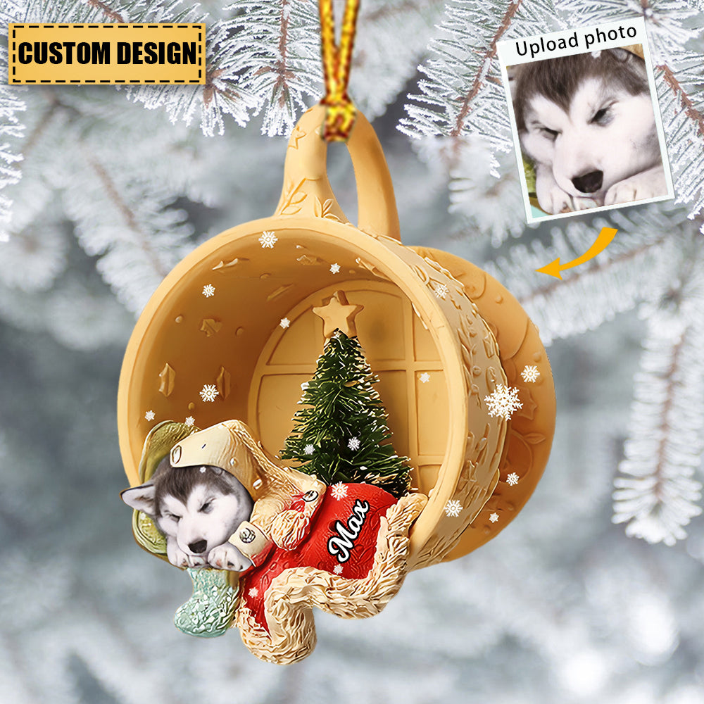 Personalized Pet Sleeping In A Tiny Cup Christmas Holiday Upload Photo Ornament-Gift For Pet Lover