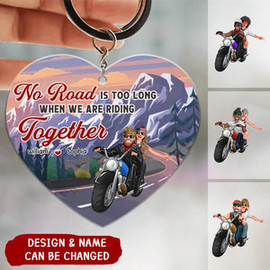 No Ride Is Too Long When We're Riding Together, Personalized Biker Couple Keychain