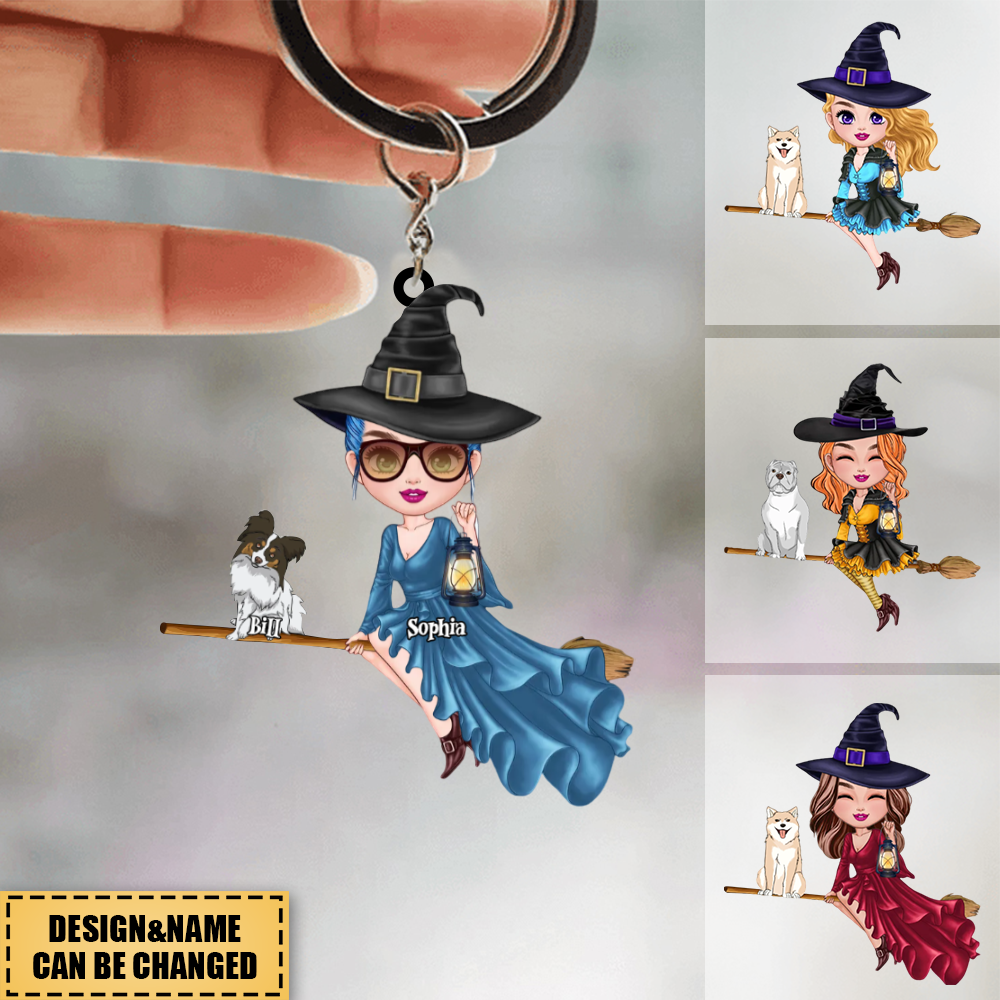 Witch Riding Broom Mystical Girl With CuteDog Puppy Pet Personalized Keychain