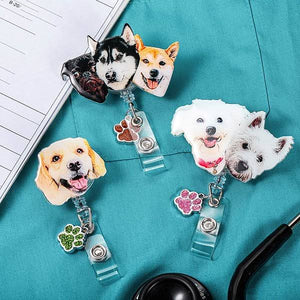 Personalized Pet Portrait Badge Reel with Glitter Paw Charm Gift for Pet Lover