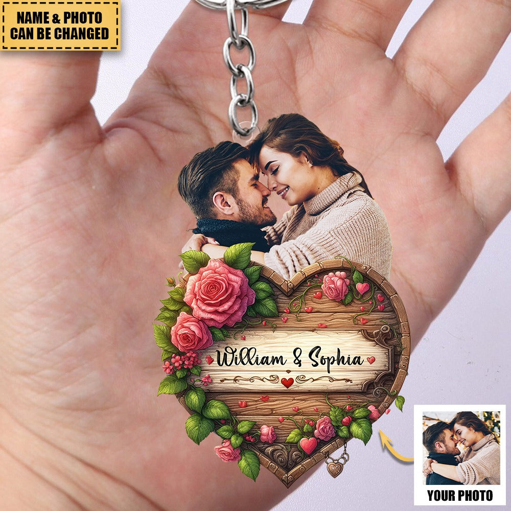 Personalized Couple Rose and Heart Keychain Gift For Him Gift For Her