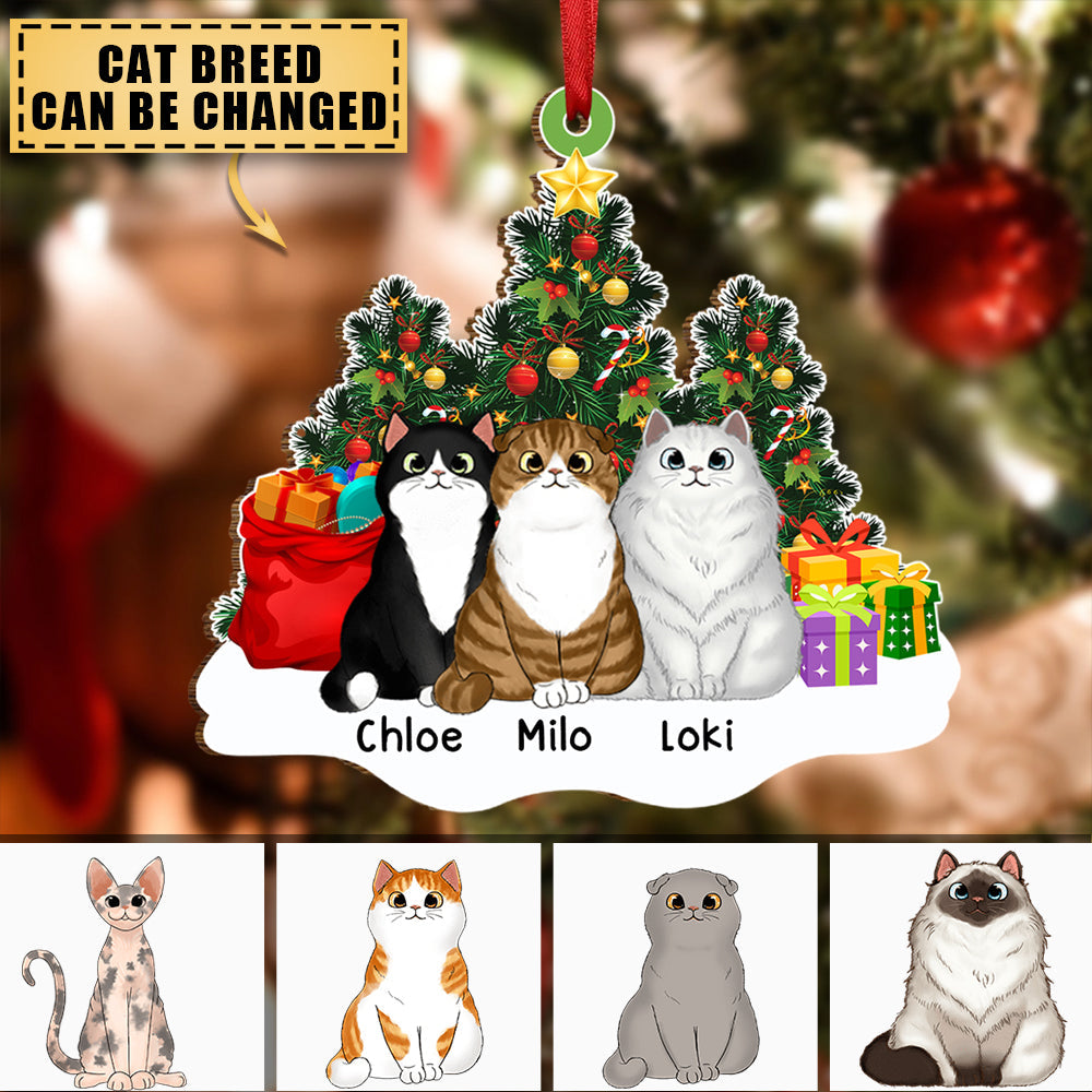 Cat Lovers - Fluffy Cats Sitting On Snow Christmas Tree - Personalized Acrylic Ornament