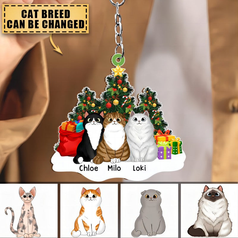 Cat Lovers - Fluffy Cats Sitting On Snow Christmas Tree - Personalized Acrylic  Keychain