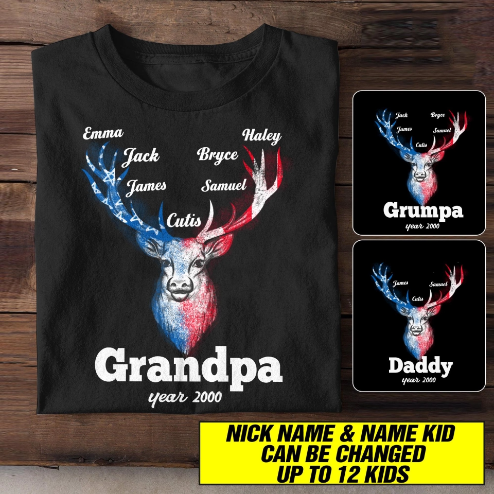 Personalized Grandpa Flag Deer Independence Day T-shirt