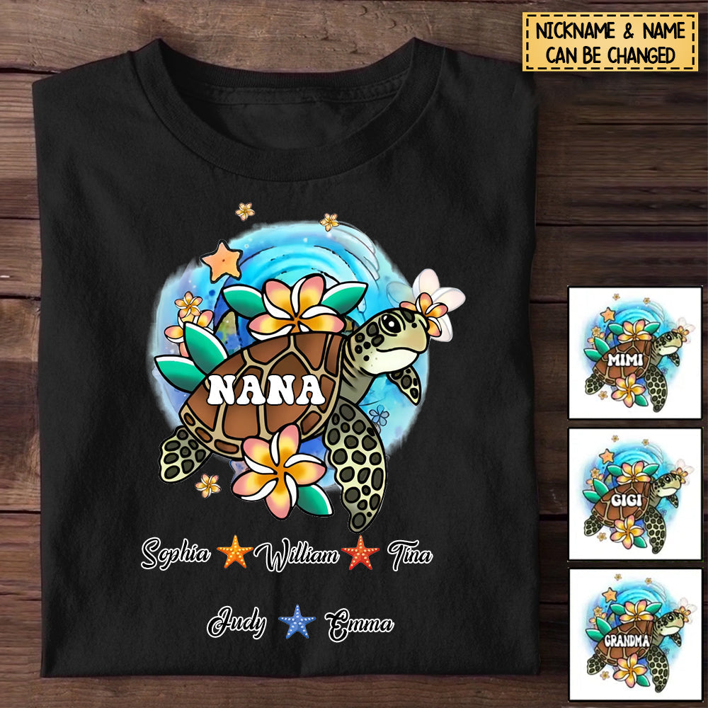 Personalzied Nana Turtle Grandma with Kid Names T-Shirt