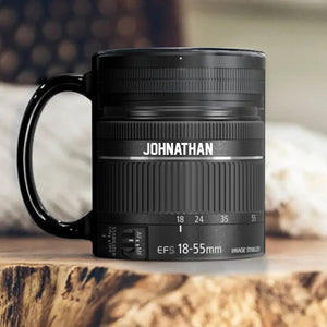 Personalized Camera Lens & Name Black Mug Printed