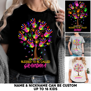 Personalized Colorful Hand Print Tree Blessed to Be Called Grandma Kid Name T-shirt