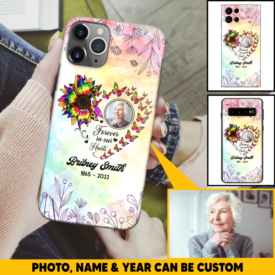 Memorial Upload Photo, Sunflower Heart Forever in Our Hearts Personalized Phone Case
