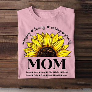 Personalized Amazing Loving Caring Strong Sunflower Grandma Mom Aunt Nana Kid Name T-shirt