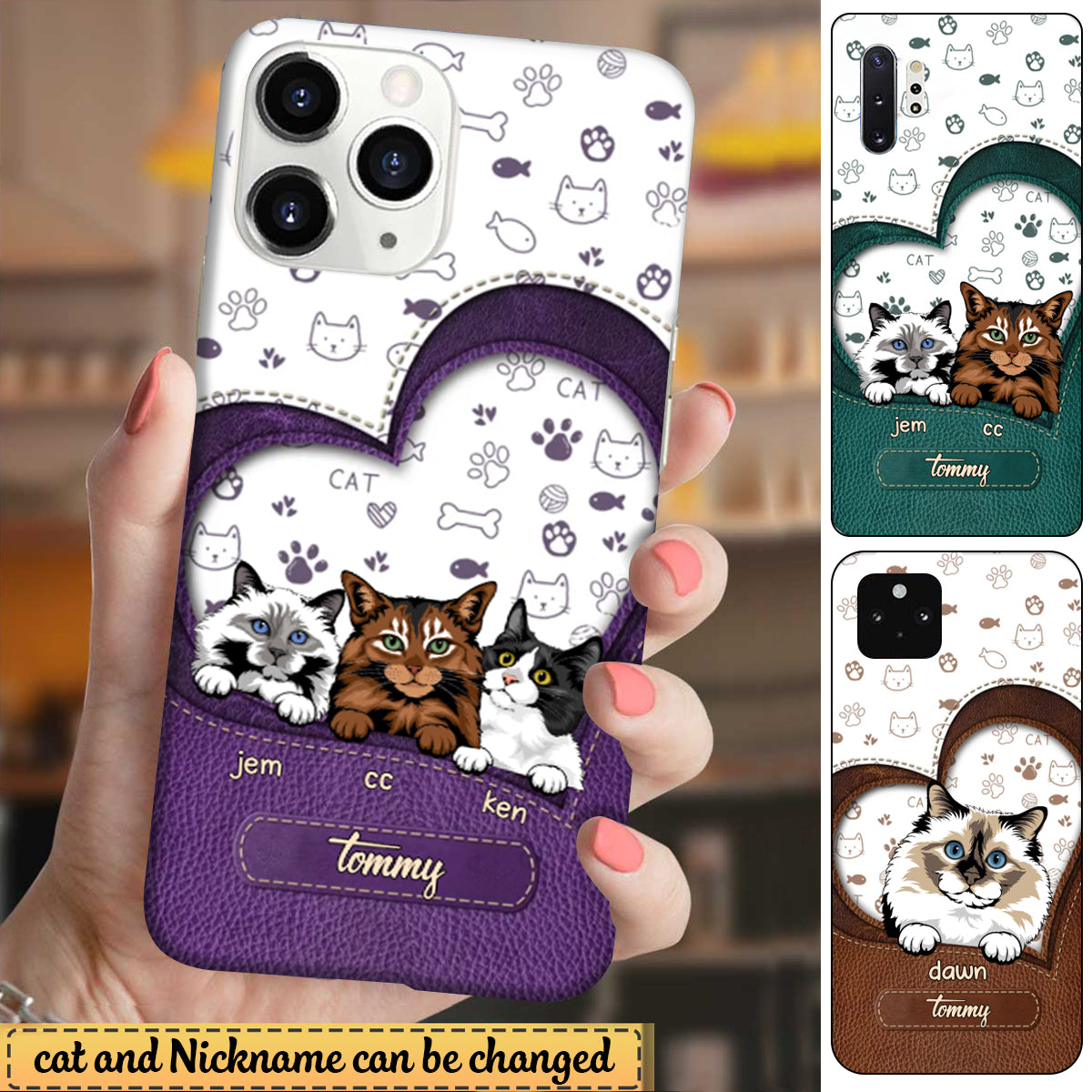 Personalized Phone Case Cat Mom Kittens Lovers Leather Heart