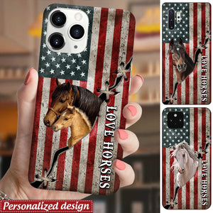 Personalized Phone Case Love Horse Breeds American Flag Patriotic 4th of July