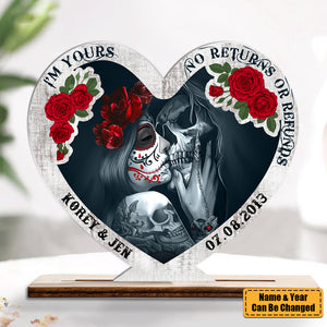 I'm Yours No Returns Or Refunds - Skull Couple Personalized Wood Plaque