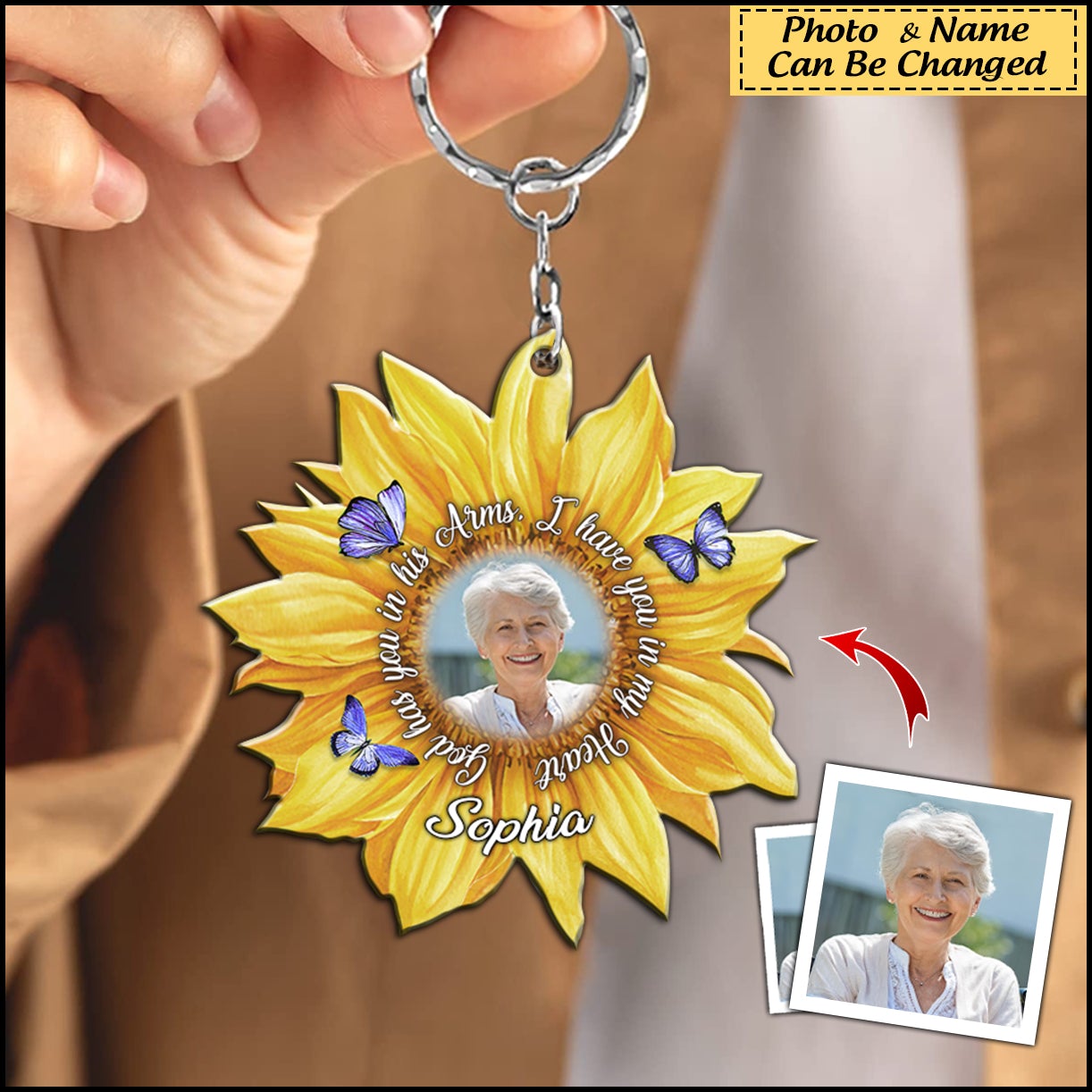 God Has You In His Arms I Have You In My Heart Sunflower Memorial Personalized Keychain