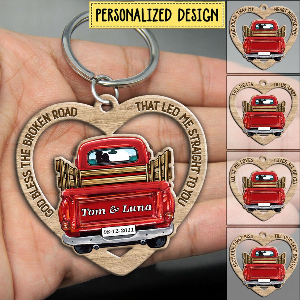 God Bless The Broken Road That Led me Straight To You Couple In Red Truck Personalized Keychain
