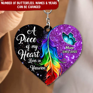 A Piece Of My Heart Lives In Heaven Butterfly Feather Personalized Memorial Heart Keychain