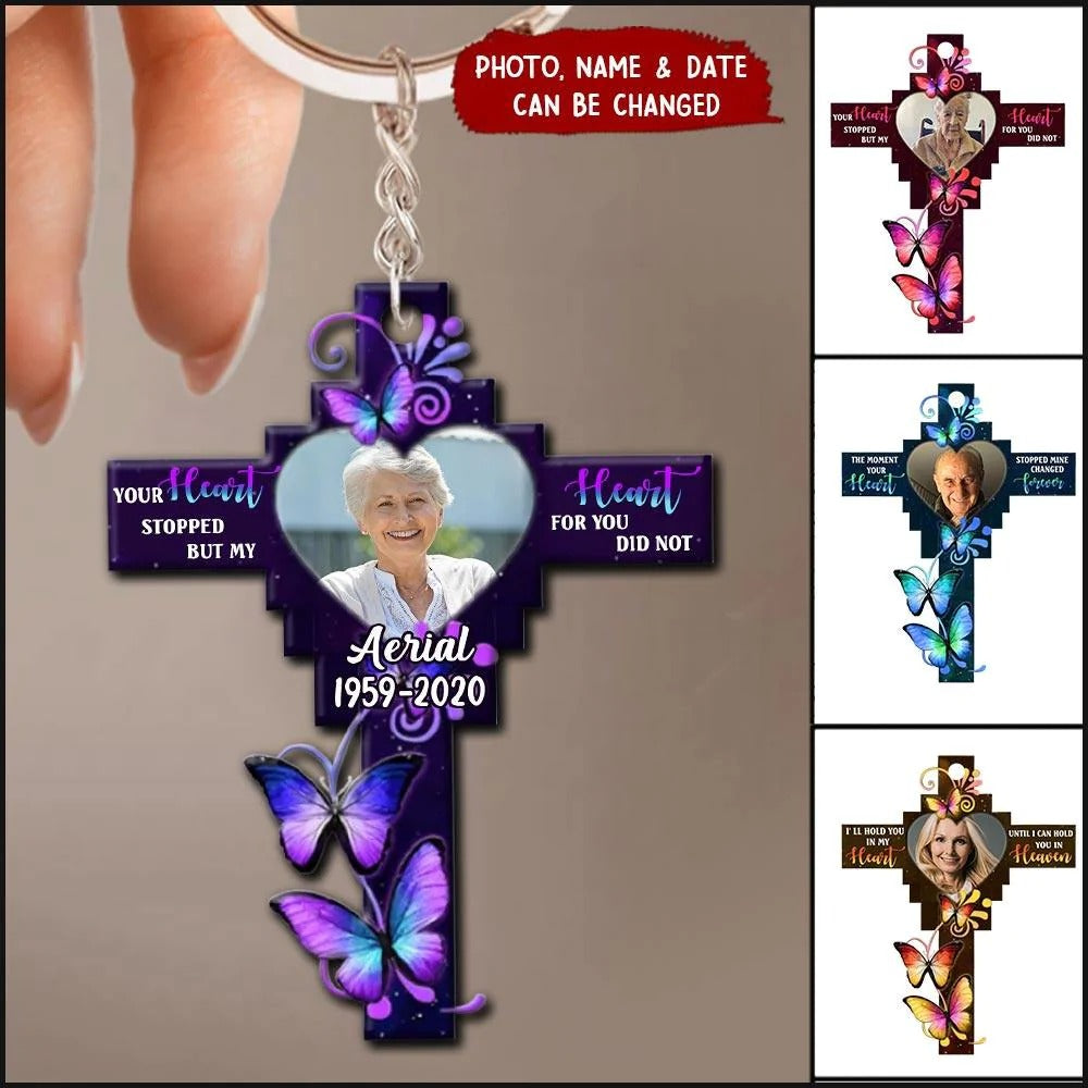 Personalized Memorial Gift Butterfly Heart Cross Keychain