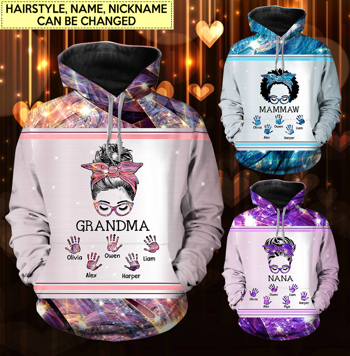Personalized Grandma- Mom Messy Bun Hand Prints Kids 3D Hoodie