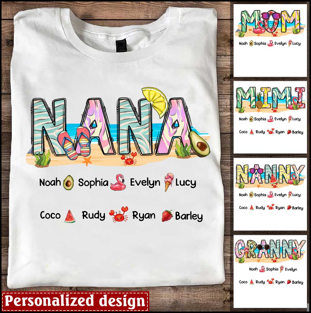 Personalized Nana Grandma Summer Beach Color Kid Names Custom Shirt