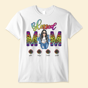 Personalized Blessed Mom Leopard Pattern Flower Kids Design T-Shirt