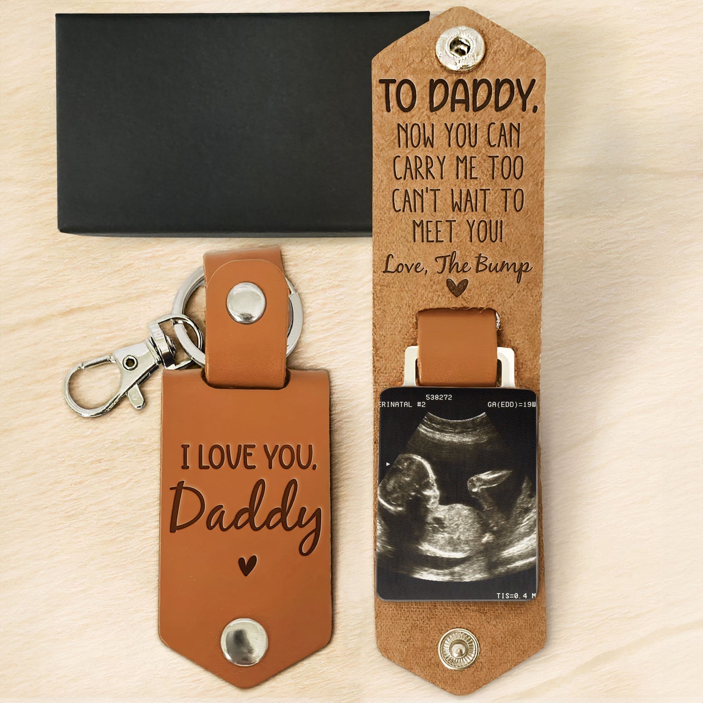 Personalized Daddy Can't Wait To Meet You From The Bump Leather Keychain