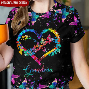 Personalized Grandma Colorful Tie Dye Heart Butterfly Infinity T-shirt