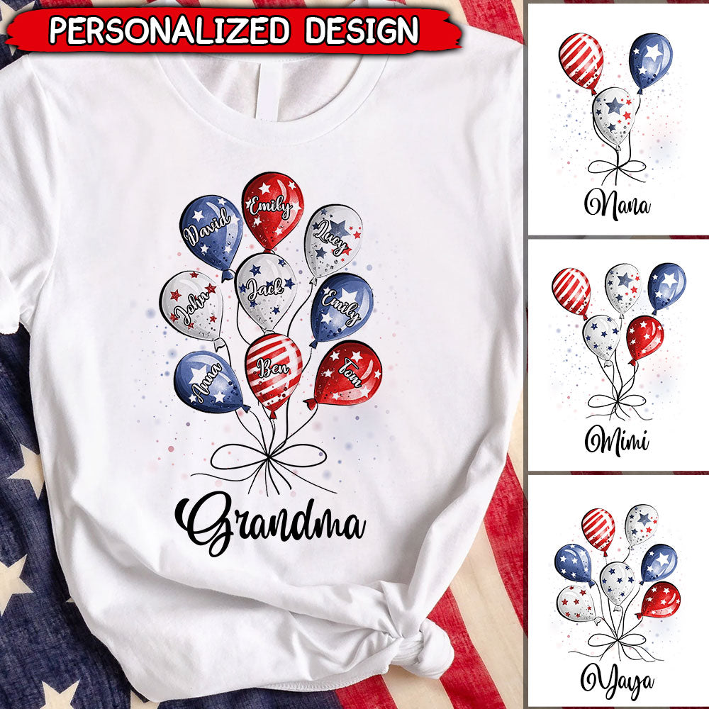4th of July Grandma Auntie Mom Little Balloon Kids American Flag Pattern Personalized T Shirt