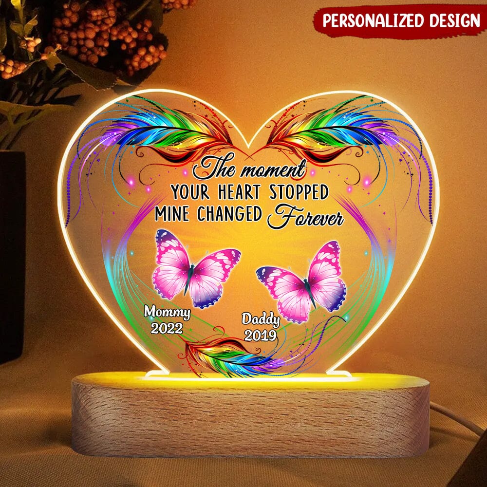 Memorial Butterfly Feather Pattern,The Moment Your Heart Stopped Mine Changed Forever Personalized Acrylic Plaque Led Lamp Night