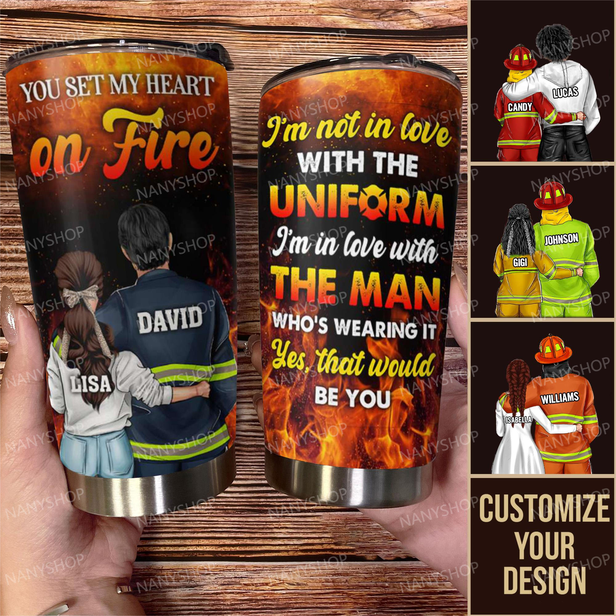 Personalized Firefighter Couple Tumbler Cup- You Set My Heart On Fire - Firefighter's Wife Tumbler