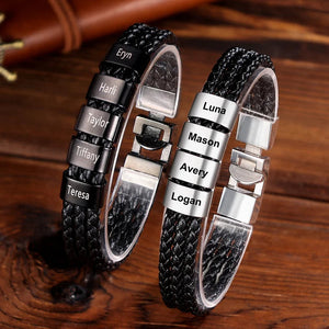 Personalized Braided Leather Bracelet Engraved 8 Names Gifts For Family,Couples